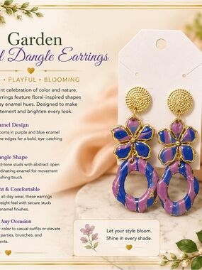 Floral Enamel Dangle Earrings - Purple & Blue Garden Style